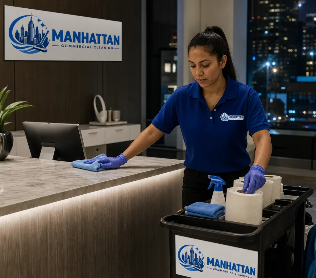 Professional cleaner restocking supplies and wiping a modern Manhattan office reception area at night