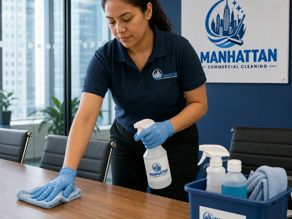 Cleaner disinfecting high-touch points and wiping a conference table in a New York office with glass partitions