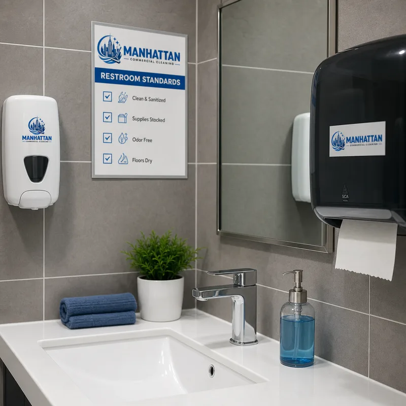 Properly stocked and cleaned commercial restroom with spotless sink, mirror, dispensers, and fixtures
