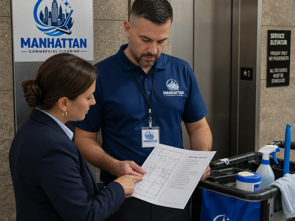 Supervisor reviewing a printed janitorial checklist and floor plan with a facility manager near a New York City building service elevator