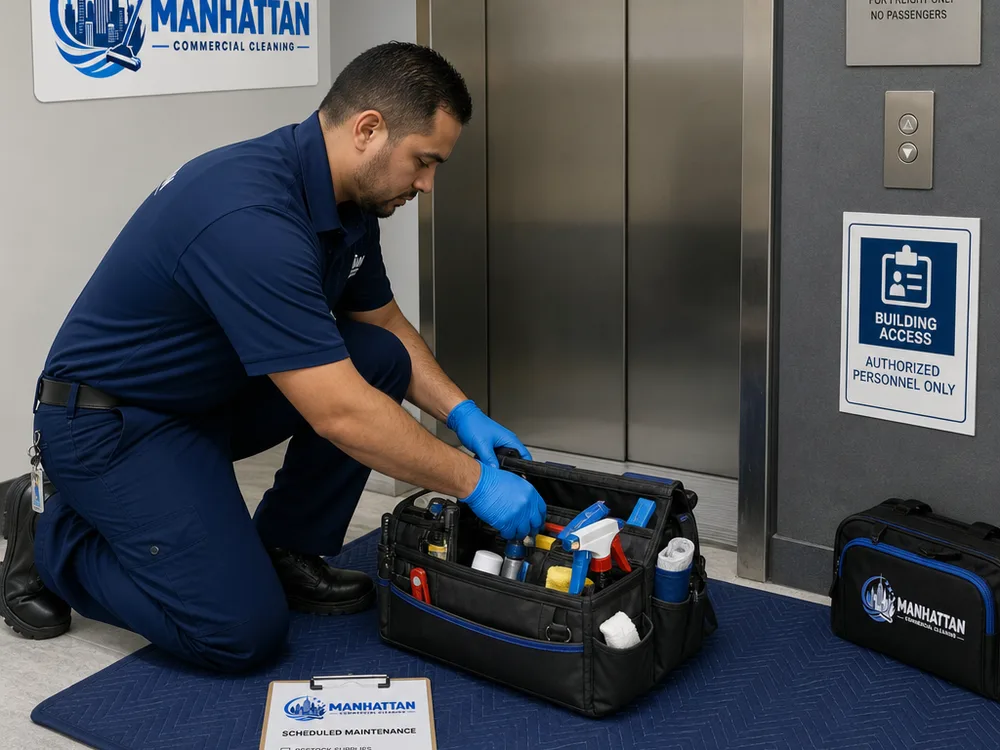 Maintenance technician staging tools on a protective mat beside a freight elevator and scheduled task list