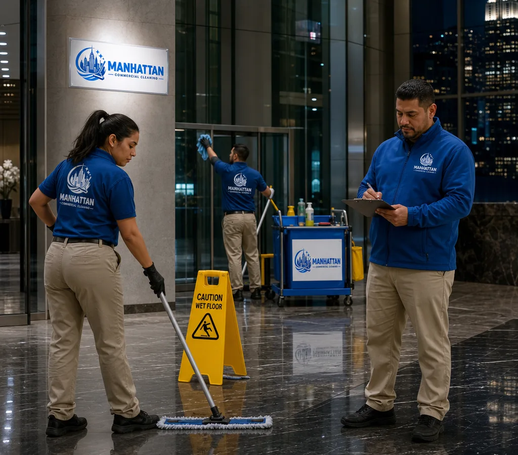 Night janitorial crew cleaning a Midtown Manhattan office lobby while a supervisor checks the work checklist