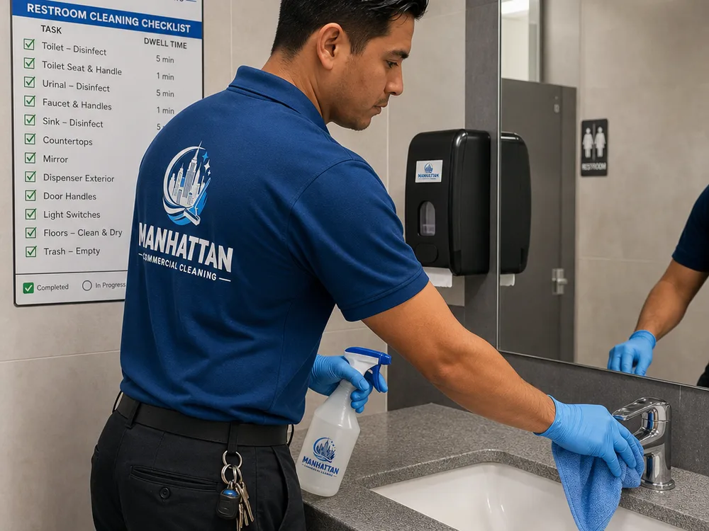 Commercial cleaner using color-coded microfiber materials while detail cleaning and restocking a building restroom