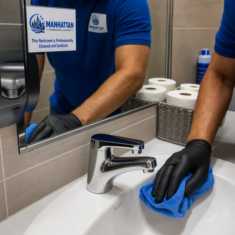 Clean office restroom sink with polished fixtures, streak-free mirror, and stocked paper products