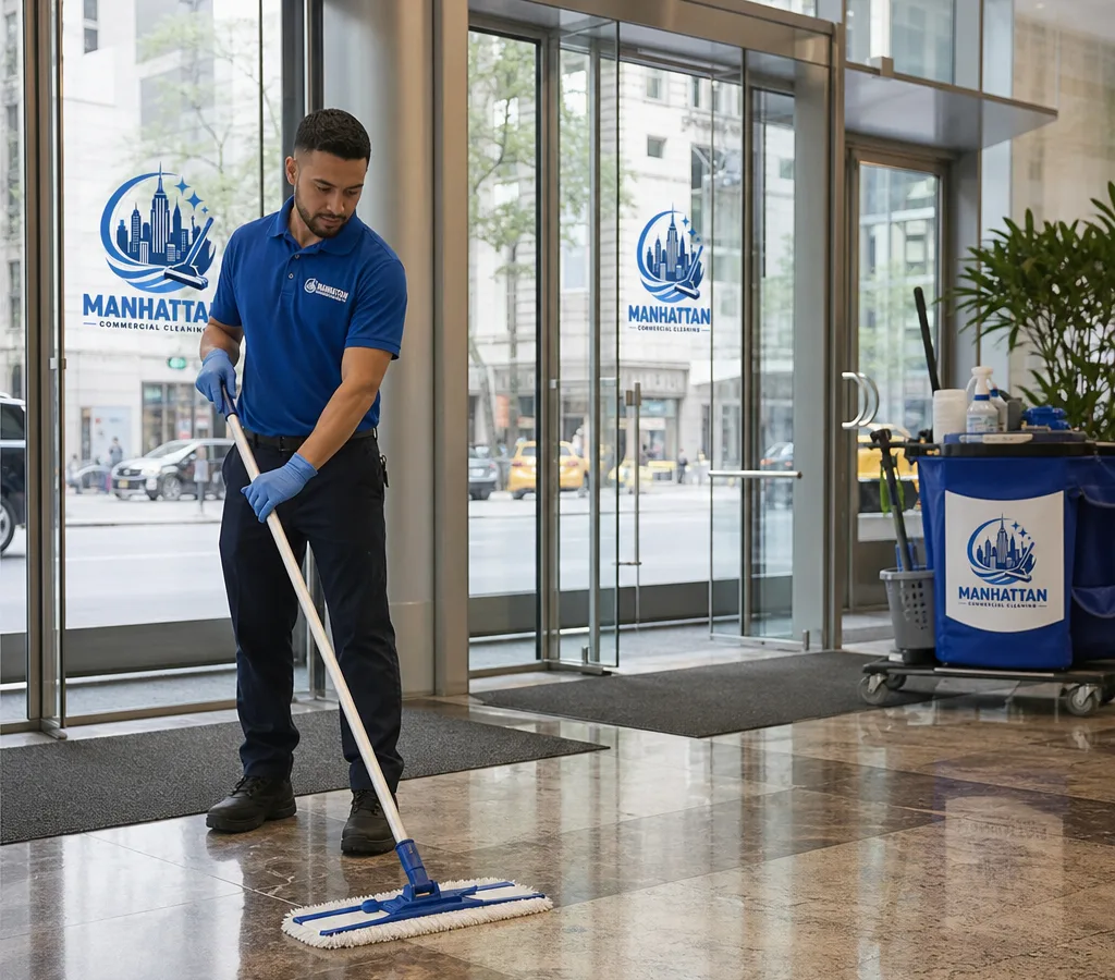 Uniformed janitorial team member cleaning a modern New York office lobby with glass doors and high-traffic flooring