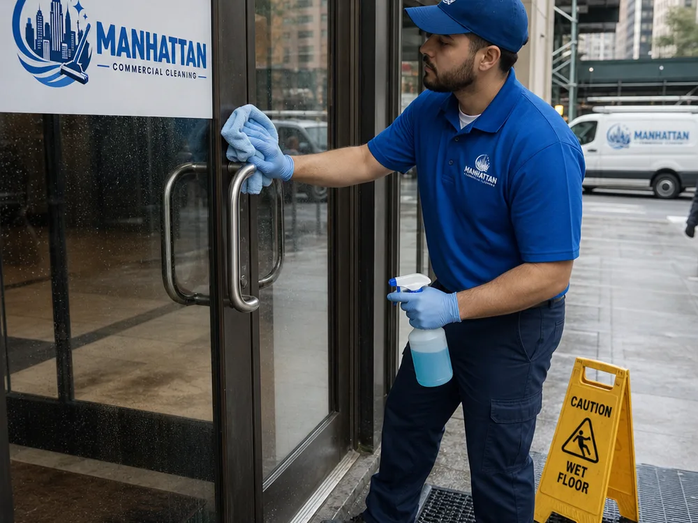 Cleaner detailing a glass entry door and metal handles at a wet-weather New York commercial entrance