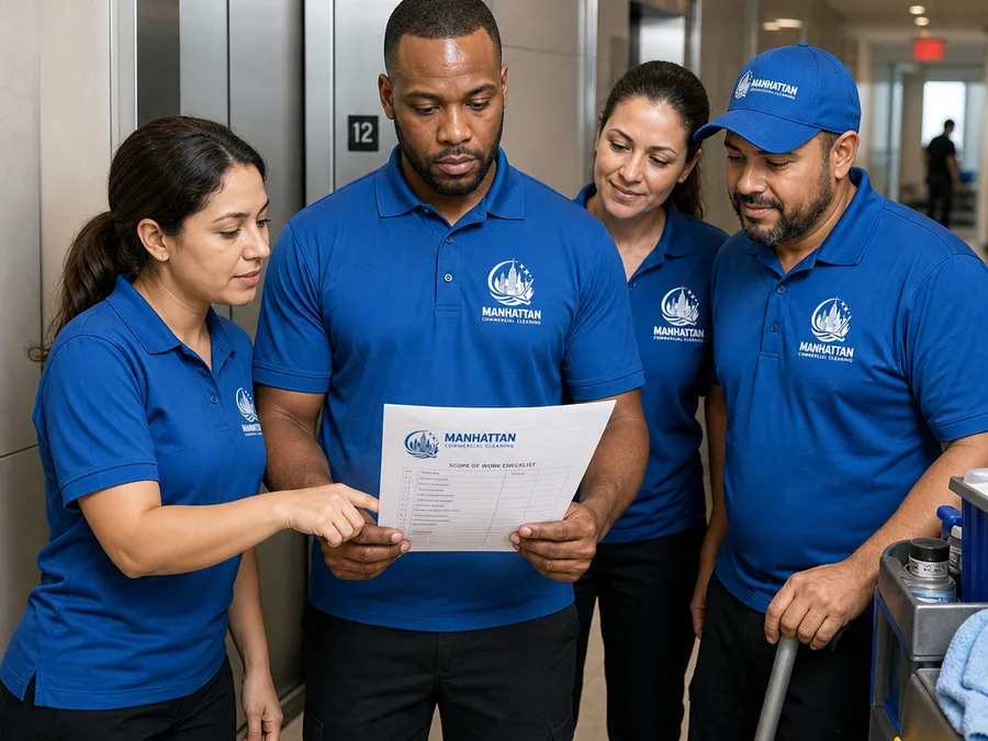 Commercial cleaning team reviewing a written scope near an elevator bank